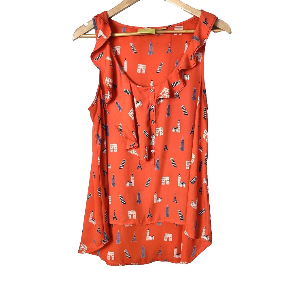 Anthropologie Maeve Aurelie Tank Size 10 Orange Novelty Print Feminine Twee - Picture 2 of 10